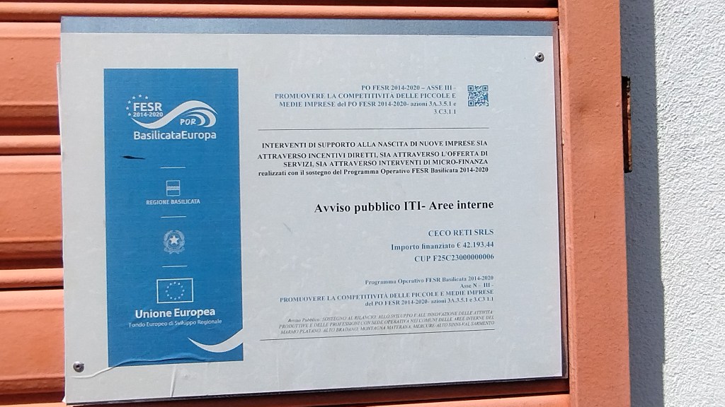 Programma Operativo FESR Basilicata 2014-2020 Asse N - III - PROMUOVERE LA COMPETITIVITÀ DELLE PICCOLE E MEDIE IMPRESE
del PO FESR 2014-2020- azioni 3A.3.5.1 e 3.C3.1.1 Avviso Pubblico: ITI AREE INTERNE 
INTERVENTI DI SUPPORTO ALLA NASCITA DI NUOVE IMPRESE SIA ATTRAVERSO INCENTIVI DIRETTI, SIA ATTRAVERSO L'OFFERTA DI SERVIZI, SIA ATTRAVERSO INTERVENTI DI MICRO-FINANZA
CECO RETI SRLS
CUP F25C23000000006
